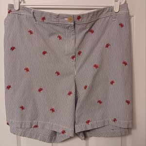 Talbots  7" Girlfriend Chino Short Navy & White Pinstripe with Red Crabs 24W